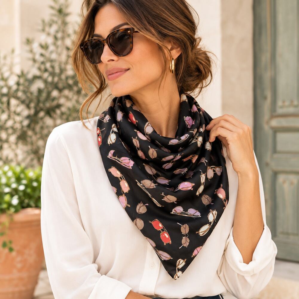 Echo Silk Scarf Black Colorful Sunglasses Print Square Neck Wrap Chic